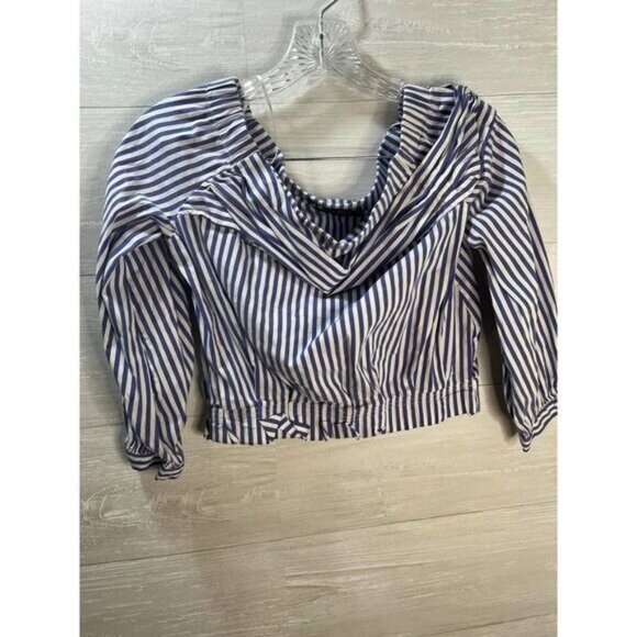 Blue & White Striped Off-Shoulder Crop Top By Zara Basic Collection With Long Sl - Picture 2 of 7